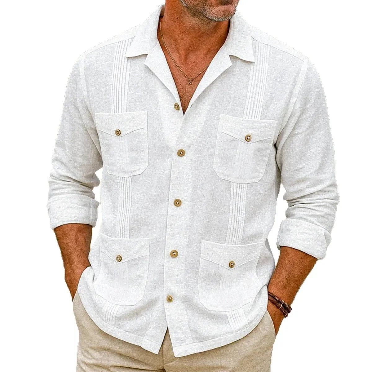 Chemise Coton Lin Homme Multi - Poches Manches Longues - Chemises pour Homme - BDM Beauty & Fashion Intl.