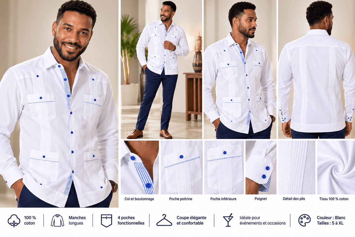 Guayabera Homme 100 % Coton – Manches Longues – 4 Poches - BDM Beauty & Fashion Intl.
