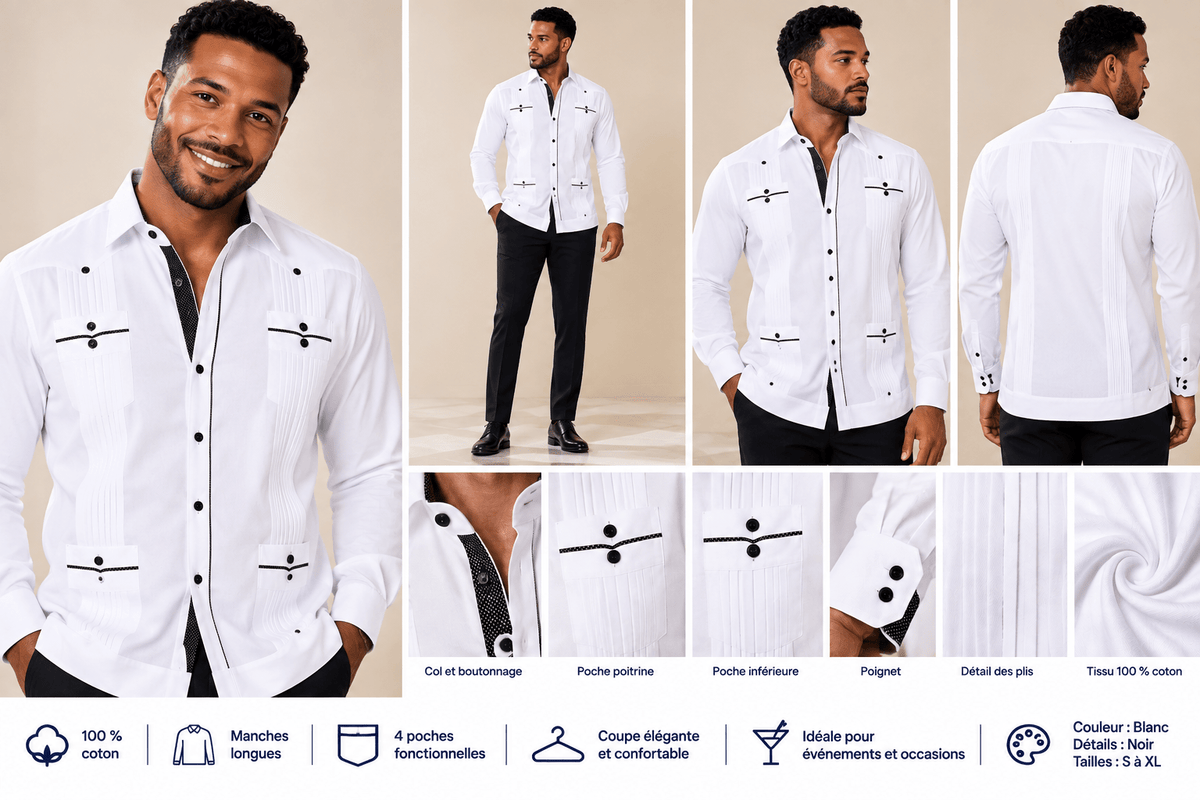 Guayabera Homme 100 % Coton – Manches Longues – 4 Poches - Chemises - BDM Beauty & Fashion Intl.