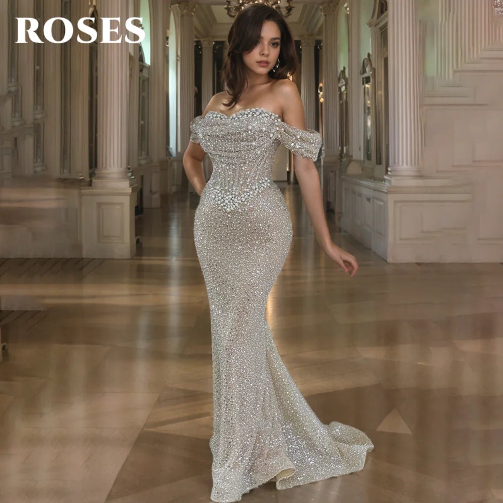 Robe de soirée longue scintillante – Bustier épaules dénudées, silhouette sirène, sequins premium – Soirées, galas, mariages - Robe de soirée - BDM Beauty & Fashion Intl.