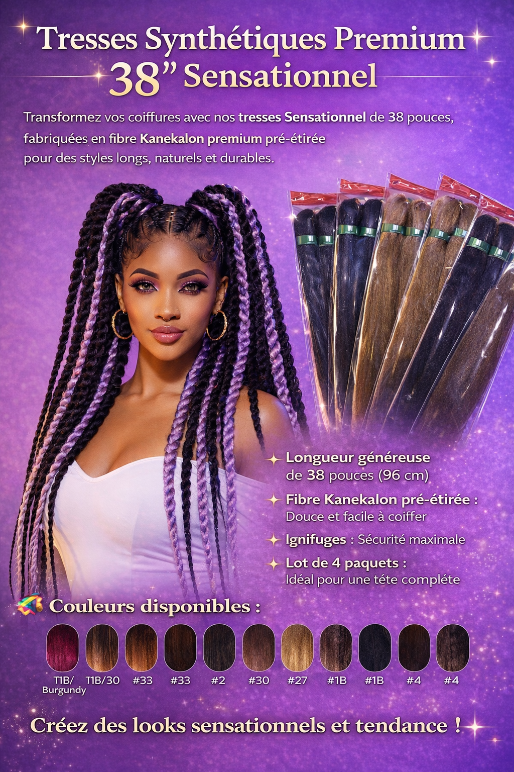 Tresses Synthétiques 38" Kanekalon Box Braids Lot 4 - Tresses Synthétiques - BDM Beauty & Fashion Intl.