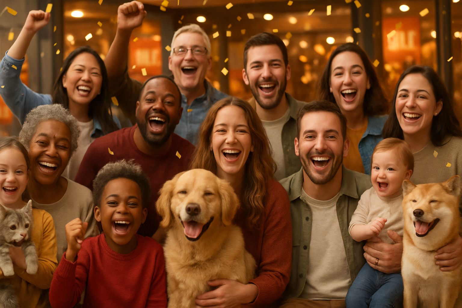 Vrai photo: Hommes, femme, enfants, bebes, chiens, chats qui sont joyeux parce qu'il ya des Promo & Solde. NB:- priere de ne pas ajouter des lettres et des chiffres sur l'image.  